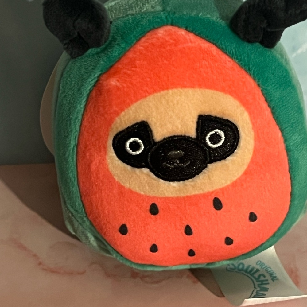 Prince Watermelon Plush Fruit Character in Green and Coral Keychain